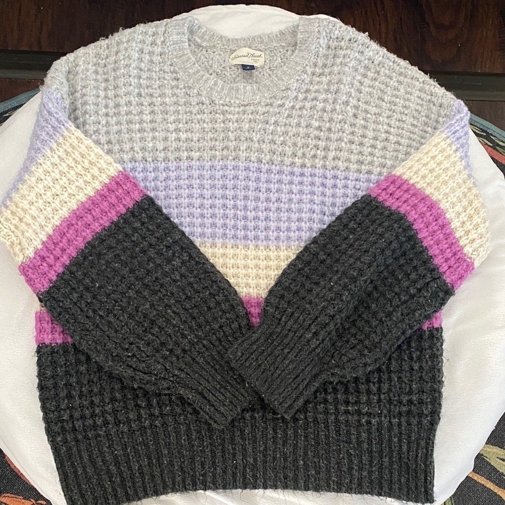 Universal Thread Striped Sweater in Gray, Lavender, Cream, and Black